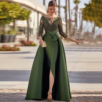 Vintage Olivové Zelené Večerní Šaty Dlouhý Rukáv Korálkové Krajky Mořská Panna Šaty Pro Ženy Přední Štěrbinou Formální Prom Šaty Vestidos Fiesta