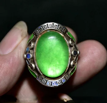 Vzácné Staré Čínské Glazurovaný Stříbro inkrustace Green Jade Klenot Květina Ruky Prsten pro Ženy, Muže Módní Doplňky C6