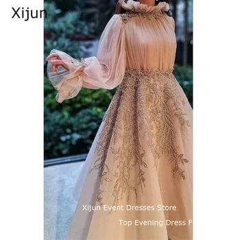 Xijun Luxusní Dubaj Šampaňské Muslimské Midi Šaty Večerní Ženy Svatební Dlouhé Rukávy Arabské Formální Šaty Kotníku Délka Šaty Na Ples