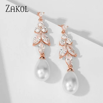 ZAKOL Bílé Zirkony Crystal Listy Drop Náušnice pro Ženy Módní Imitace Perel svatební Svatební Šperky EP2522