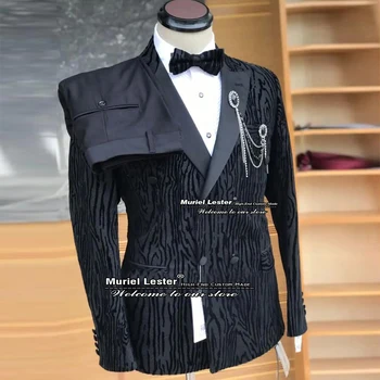 Černé Pánské Obleky Formální Svatební Smoking Mládenci Sako-Sada Květinovým Vzorem Prom Party Šaty Elegantní Double Breasted Sako+Kalhoty