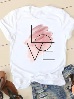 Ženy Tee Oblečení Lásky Akvarel Dopis Letní Módní Ženy Krátký Rukáv Dámy T-košile Ležérní Grafické T Košile Oblečení