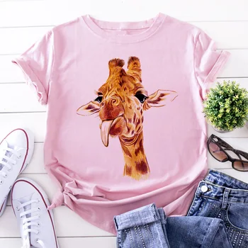 Žirafa Tisk Růžová Žena Trička Dámské Letní Harajuku Zábava Roztomilé Zvířecí Vzor T Shirt Ženy Topy Ležérní Krátký Rukáv T-shirt