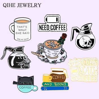 Žádná Káva, Žádné Duše Kolíky Knihy Kočičí Lebka Latte Káva Hrnec Pohár Moc Brož Pro Milovník Kávy Odznak Cartoon Šperky Pin Velkoobchod